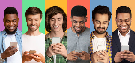 Row Of Diverse Men Using Smartphones In Collage, Happy Millennial Guys Texting On Cellphones Over...