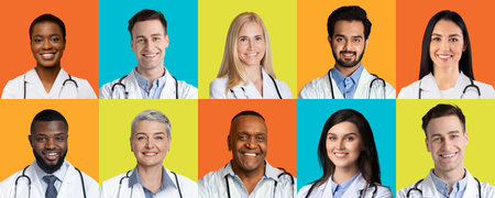 Portraits Of Multiethnic Successful Doctors And Medical Workers Posing Over Different Colorful...
