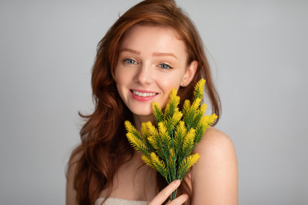 Beautiful Red-Haired Young Lady Posing With Plant Standing Over Gray Background, Studio Shot. Female Tenderness Beauty Portrait. Spa And Natural Skincare Conceptの写真素材