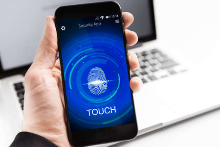 Security Application. Businessman Holding Cellphone With Fingerprint Scanner For Biometric Verification Sitting At Desk At Workplace Indoors. Smartphone Authorization App Concept. Collage, Croppedの写真素材