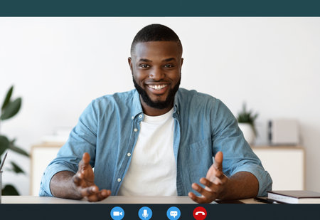 Online Interview. Device Screenshot With Smiling Black Guy Making Video Call, Positive Millennial African American Hr Manager Having Web Chat With Potential Employee, Talking At Camera, Webcam Viewの写真素材