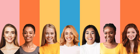 Row Of Cheerful Ladies Portraits In Collage. Happy Beautiful Millennial Women Smiling To Camera...
