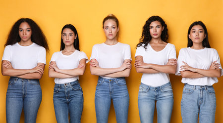 Offended Displeased Multiracial Females Group Crossing Hands Posing Looking At Camera Disapproving Something Standing Together On Yellow Background. Studio Shot, Panoramaの写真素材