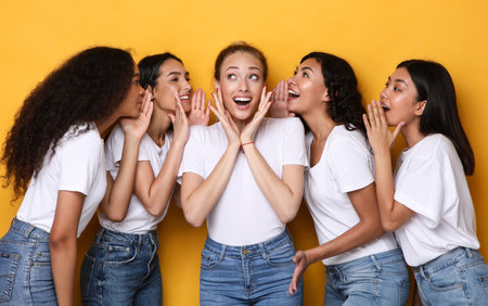 Excited Females Friends Whispering Secrets Gossiping And Sharing Rumors Together Standing Over Yellow Background In Studio. Multicultural Young Women Spreading Surprising News And Gossips Conceptの写真素材