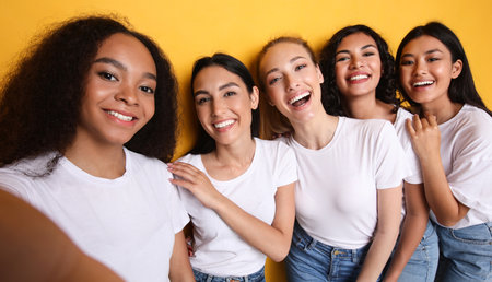Group Of Five Multiethnic Women Making Selfie Smiling To Camera Standing Over Yellow Background In Studio. Females Friends Having Fun Taking Pictures And Posing Together Conceptの写真素材