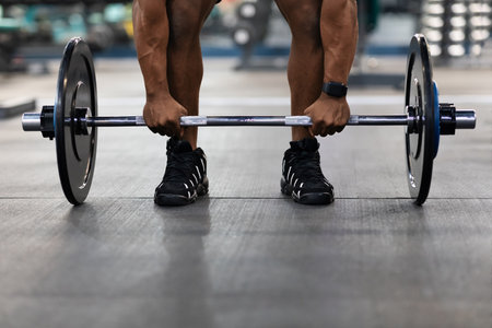 Powerlifting, bodybuilding concept. Cropped of black muscular man hands lifting weights in gym. Unrecognizable african american guy bodybuilder building up muscles with barbell, copy spaceの写真素材