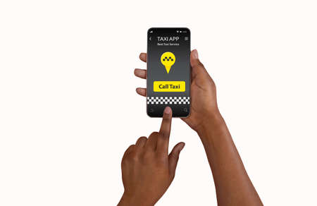 Mobile taxi app. Closeup of African American woman showing new mobile application for cab booking,...
