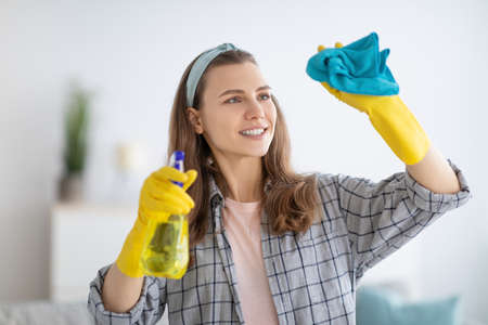 Lovely millennial woman in rubber gloves wiping window with spray detergent at home. Posiive young maid cleaning house, performing domestic duties, happy to do houseworkの写真素材