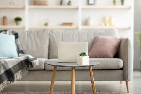 Retro style in modern interior, minimalism and comfort. Workplace with laptop on table with plant in pot, sofa with colored pillows and blanket in cozy living room interior, flat lay, free spaceの写真素材