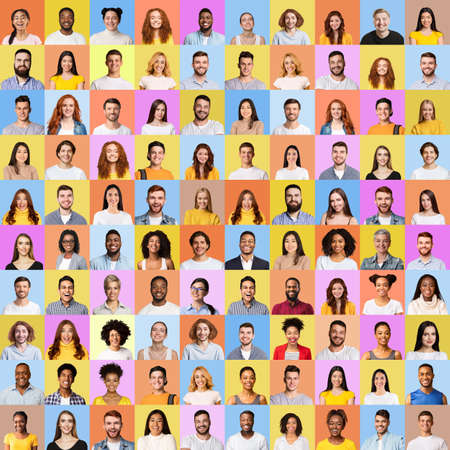 Mosaic Of Many Cheerful Faces In Square Collage. Happy Successful Multicultural People Portraits Of...