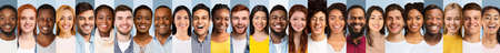 Multiethnic Young People Portraits Set With Smiling Faces Expressing Positive Emotions On Blue Backgrounds. Collage Of Headshots Row With Happy Successful Millennials.の写真素材