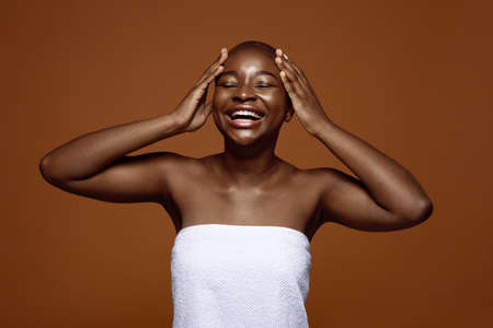 Release Your Beauty. Cheerful Black Woman With Short Hair Touching Head With Excitement, Attractive...