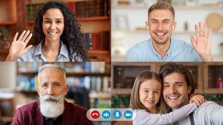 Happy parents and kids using computer and waving while making online video call. Old man with beard,...