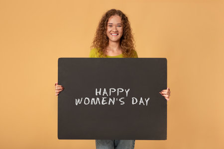 Smiling young redhead curly woman holding banner with inscription is happy womens dayの写真素材