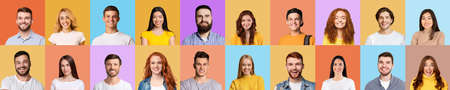 Successful Millennial People Portraits In Panoramic Collage Over Colorful Backgroundsの写真素材