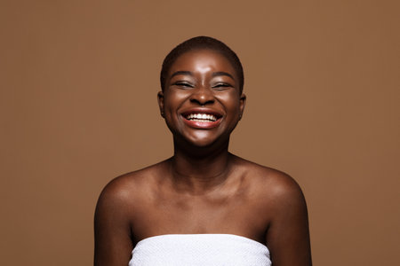 Self Acceptance. Laughing African American Woman With Short Hair And Perfect Skinの写真素材