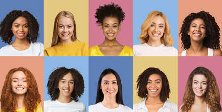 Composite set of smiling diverse multicultural women