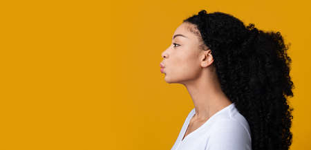 Profile Portrait Of Young African American Lady Sending Kiss, Pouting Lipsの写真素材