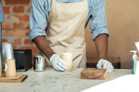 quarantine, social distancing, contactless ordering in cafe and drink takeawayの写真素材