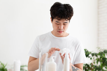 Dry and problem skin, daily moisturizing and male beauty care at home in morningの写真素材