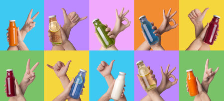 Various hands recommending healthy drinks on colorful backgroundsの写真素材