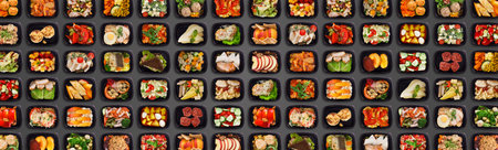 Collection Of Plastic Take Away Containers With Healthy Food Over Dark Backgroundの写真素材