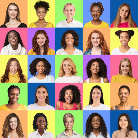 Avatars of attractive happy women of different nationalities, collageの写真素材