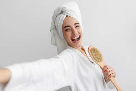 Great mood in morning, positive facial expression, routine procedures, video and selfie, superstar