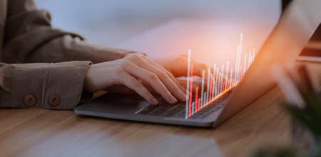 Woman business analyst making marketing research, double exposure