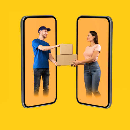 Courier And Female On Smartphone Screens Holding Boxes, Yellow Background