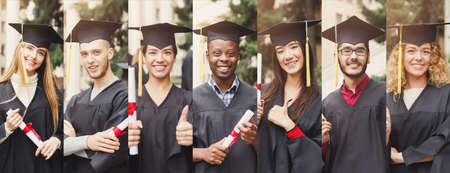 Diverse Graduates Students In Academic Dress Posing Outdoors, Portraits Collageの写真素材