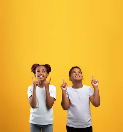 Cute african american siblings pointing up at copy space
