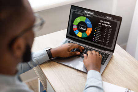 Black Businessman Using Laptop, calculating family budget