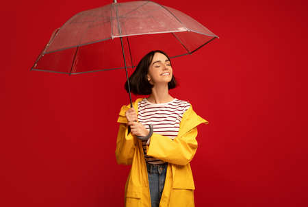 Stylish autumn accessories. Portrait of excited lady standing with transparent umbrella, posing over red backgroundの写真素材