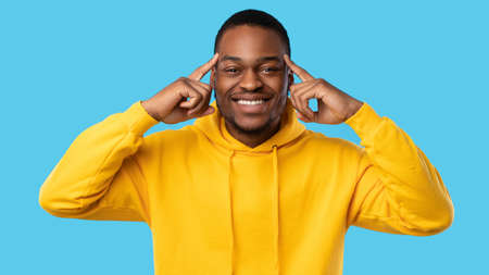 Cheerful African Man Pointing At Forehead Over Blue Background, Panorama