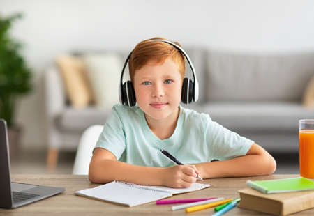 Cheerful redhead boy having online lesson from homeの写真素材