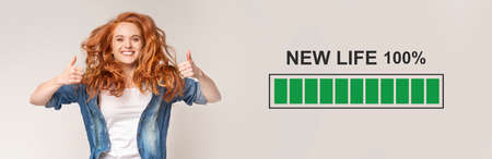 Happy young redhead lady jumping and showing thumbs up on grey background, collage with NEW LIFE...
