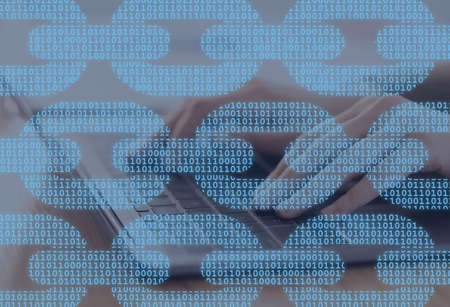 Unrecognizable millennial european woman hands typing on laptop, double exposure with binary code