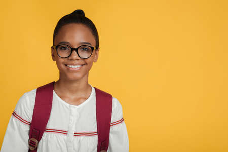Smiling smart adolescent afro american lady pupil in glasses with backpack looking at camera ready to studyの写真素材