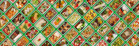Healthy Tasty Low-Fat Meals In Foil Take Away Containers Over Green Backgroundの写真素材