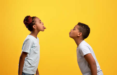 Naughty black brother and sister having fight, showing tonguesの写真素材