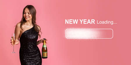 Young woman in sparkly dress holding champagne, waiting for New Year party to start, collage with countdown loading barの写真素材