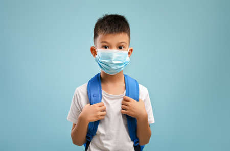 Health care and education. Portrait of asian schoolboy wearing medical face maskの写真素材