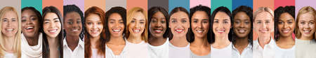 Portraits Of Smiling Multicultural Females Of Different Age Posing Over Colorful Backgrounds