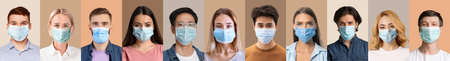 Set of multicultural people in protective facial masks keeping safe during covid quarantine over pastel backgroundsの写真素材