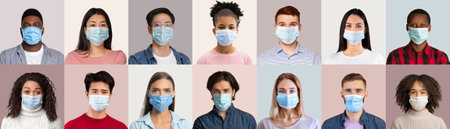 Collage of multiethnic people wearing safety masks, taking preventive measures against coronavirus...