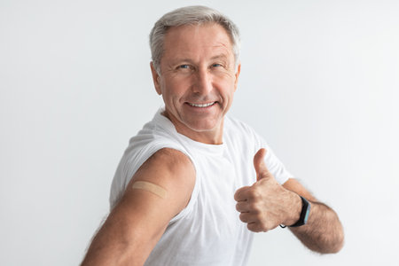 Cheerful Senior Man Showing Vaccinated Arm And Thumbs-Up, Gray Backgroundの写真素材