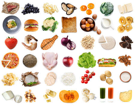Rows of shrimp, meat and salad, fried fish, burger and mussels, isolated on white background, top viewの写真素材