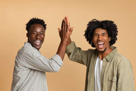 Two Cheerful Black Guys Giving High Five To Each Otherの写真素材