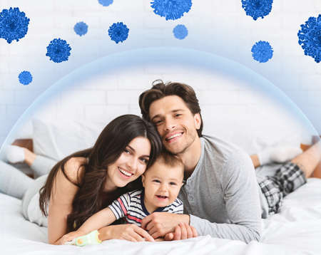 Happy family bonding on bed with baby, stay home, collage